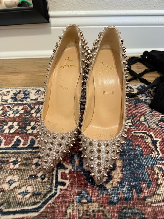 Christian Louboutin Shoes - Christian Louboutin Beige/Gold Spike-Embellished Pointed-Toe Pumps